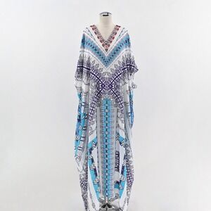 Rococo‎ Sand Silk Kimono Maxi Dress Size M Beaded Hooded Blue Tribal Resortwear